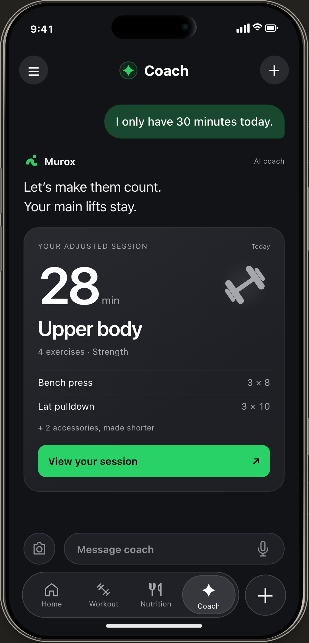 Illustrative Murox preview: an AI coach adjusts a training session