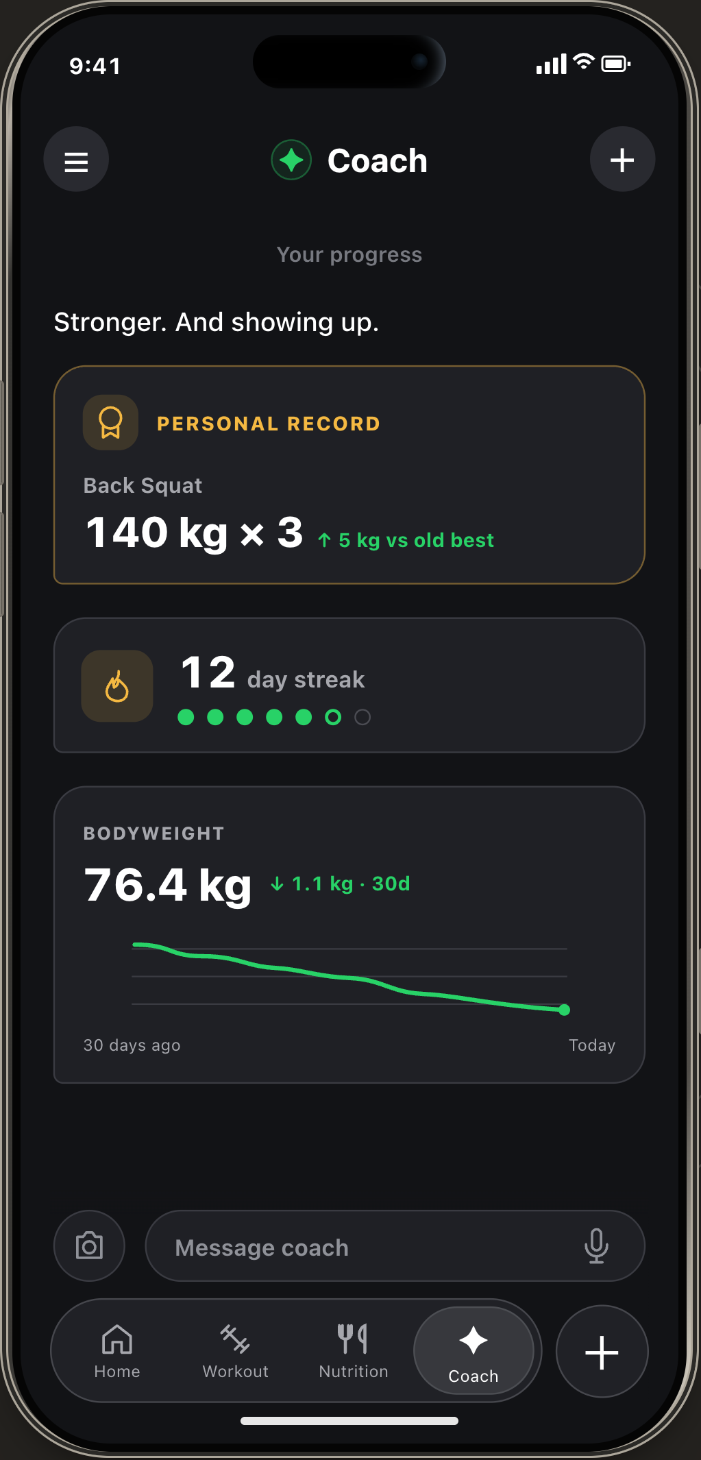 Illustrative Murox preview: personal records, streaks and bodyweight