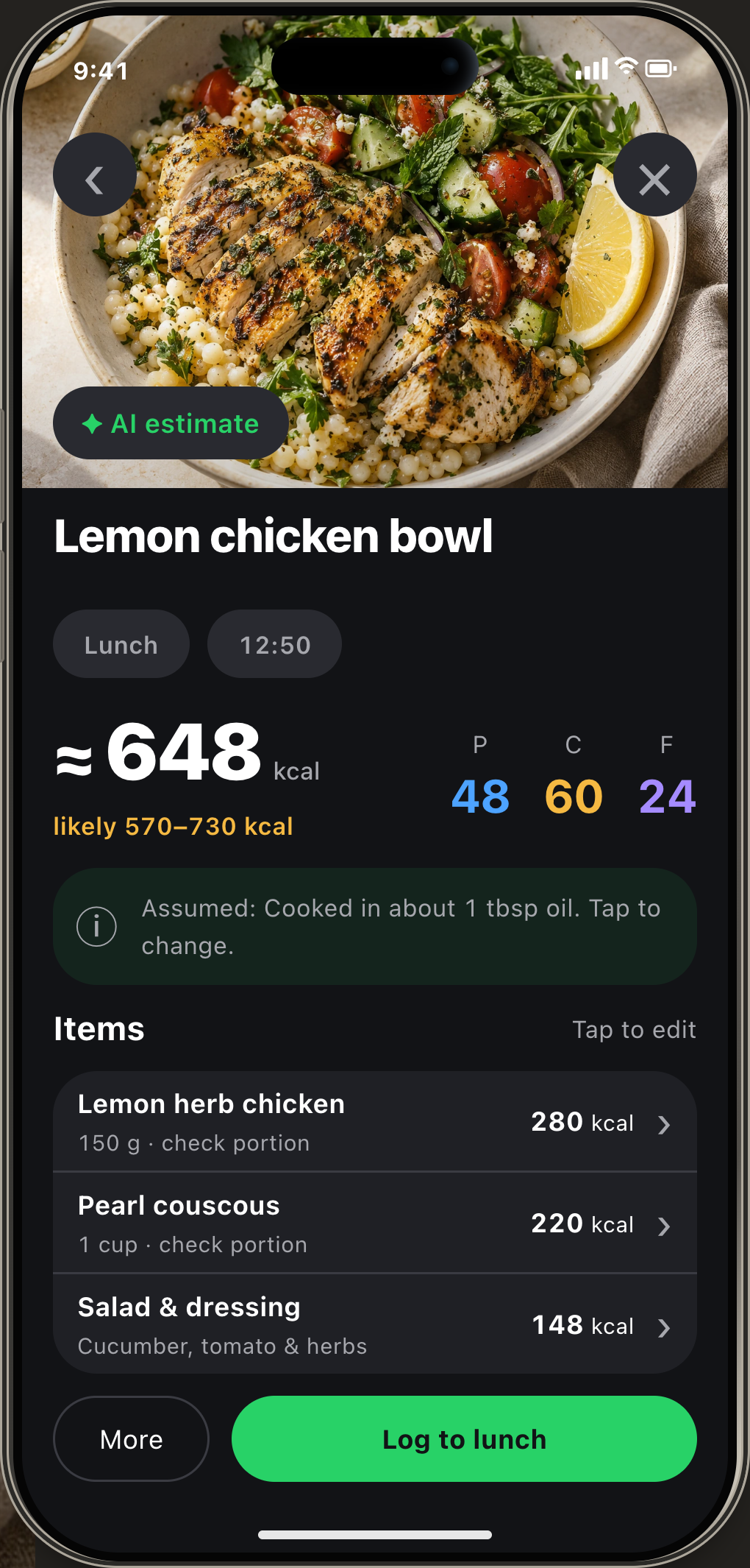 Illustrative Murox preview: a photo-based AI calorie estimate